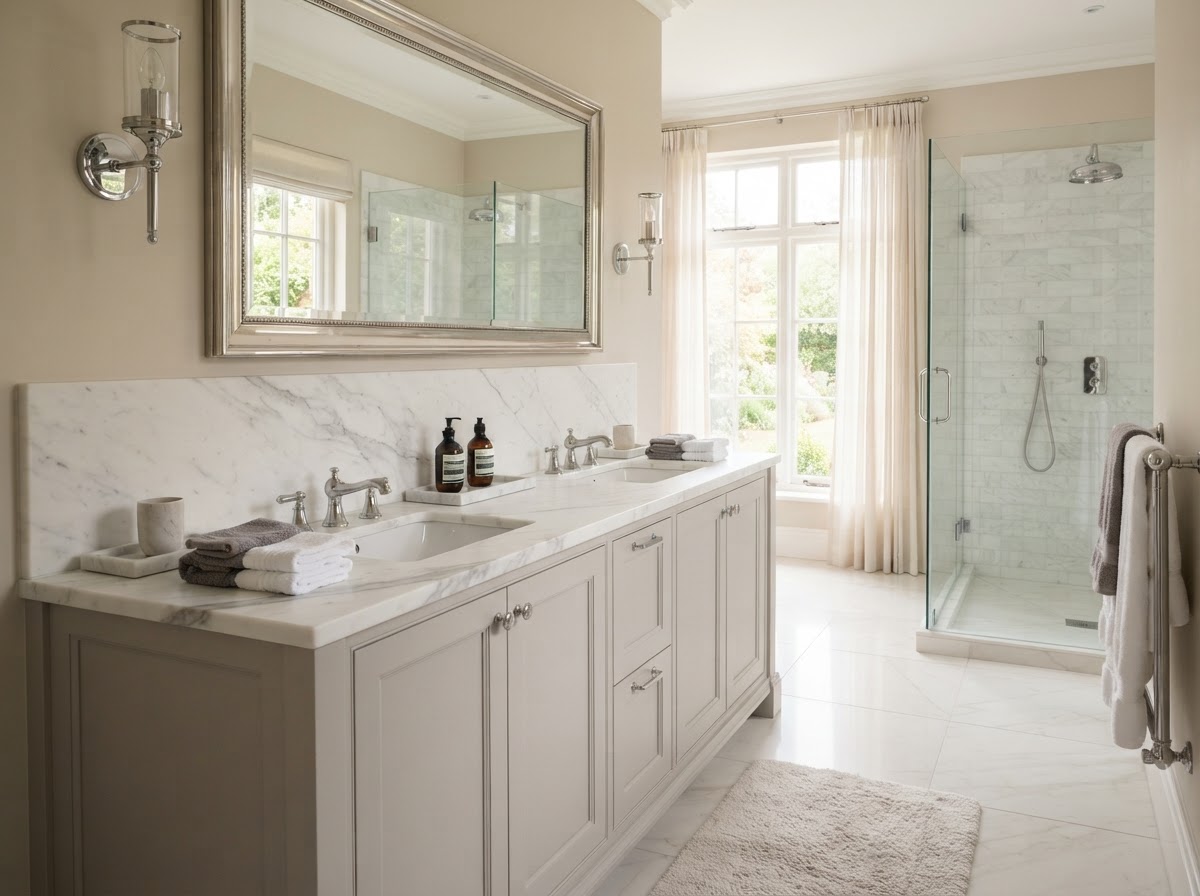 Marble bathroom vanity with dual undermount sinks