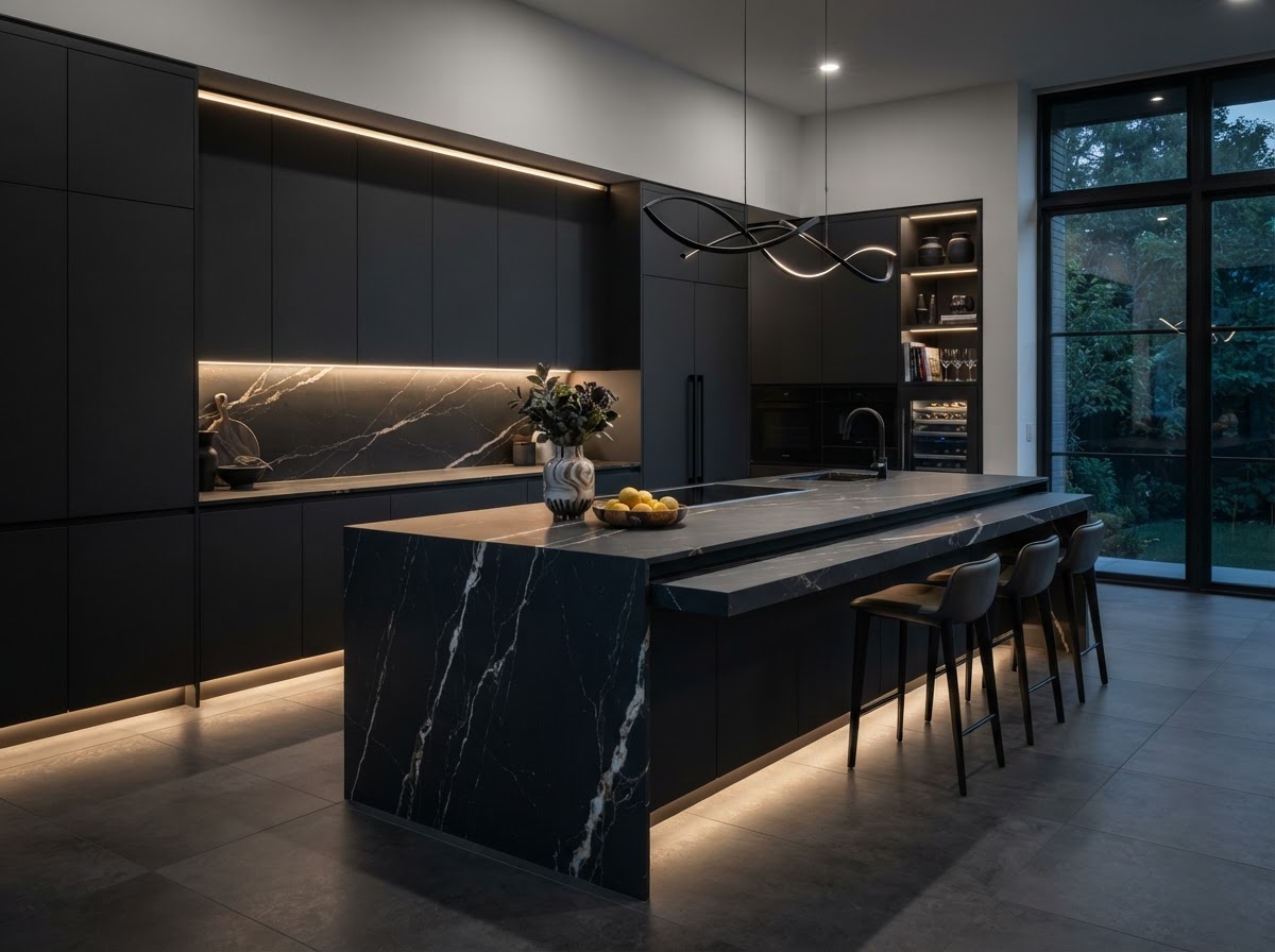 porcelain slab kitchen with full backsplash