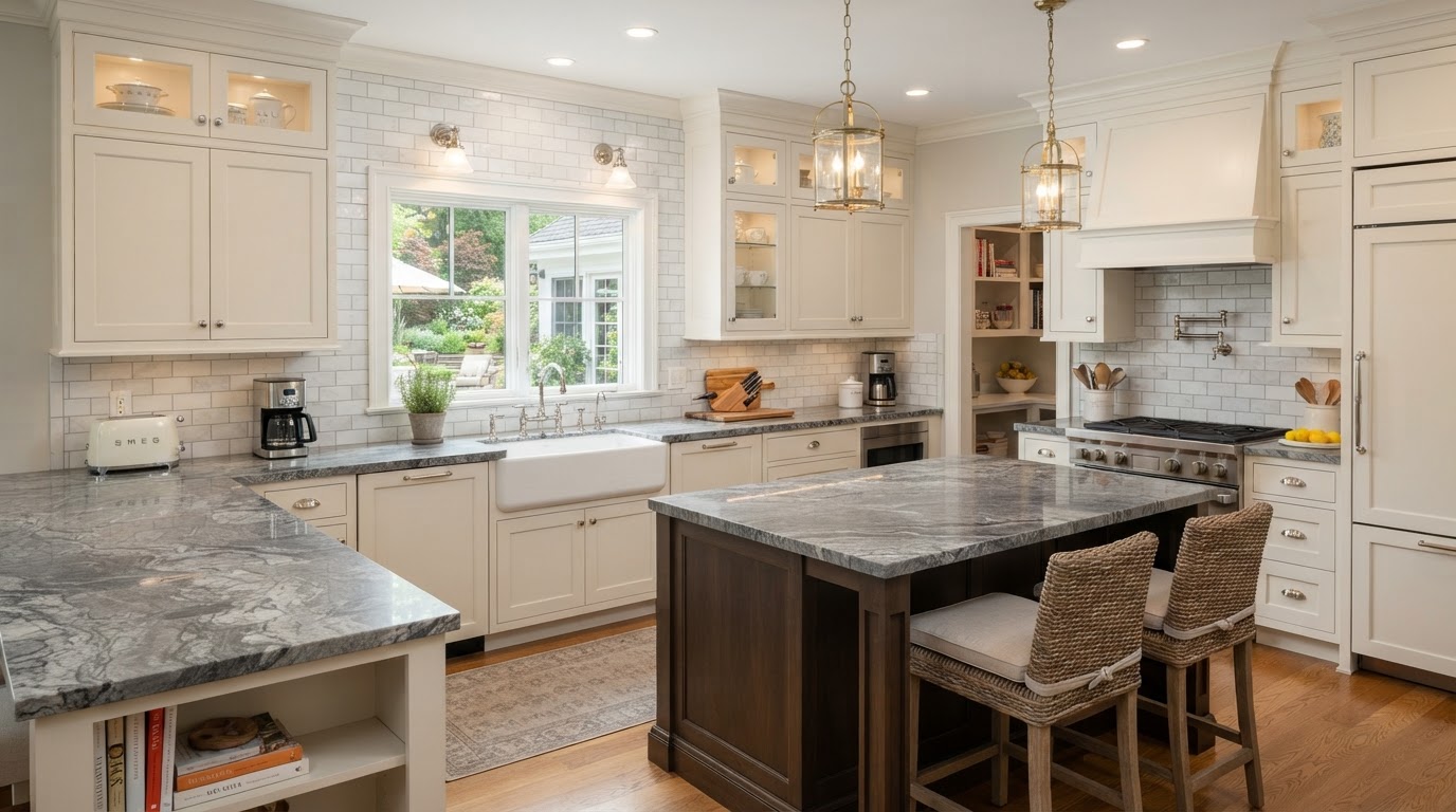 Transitional Grey Granite Kitchen Countertops