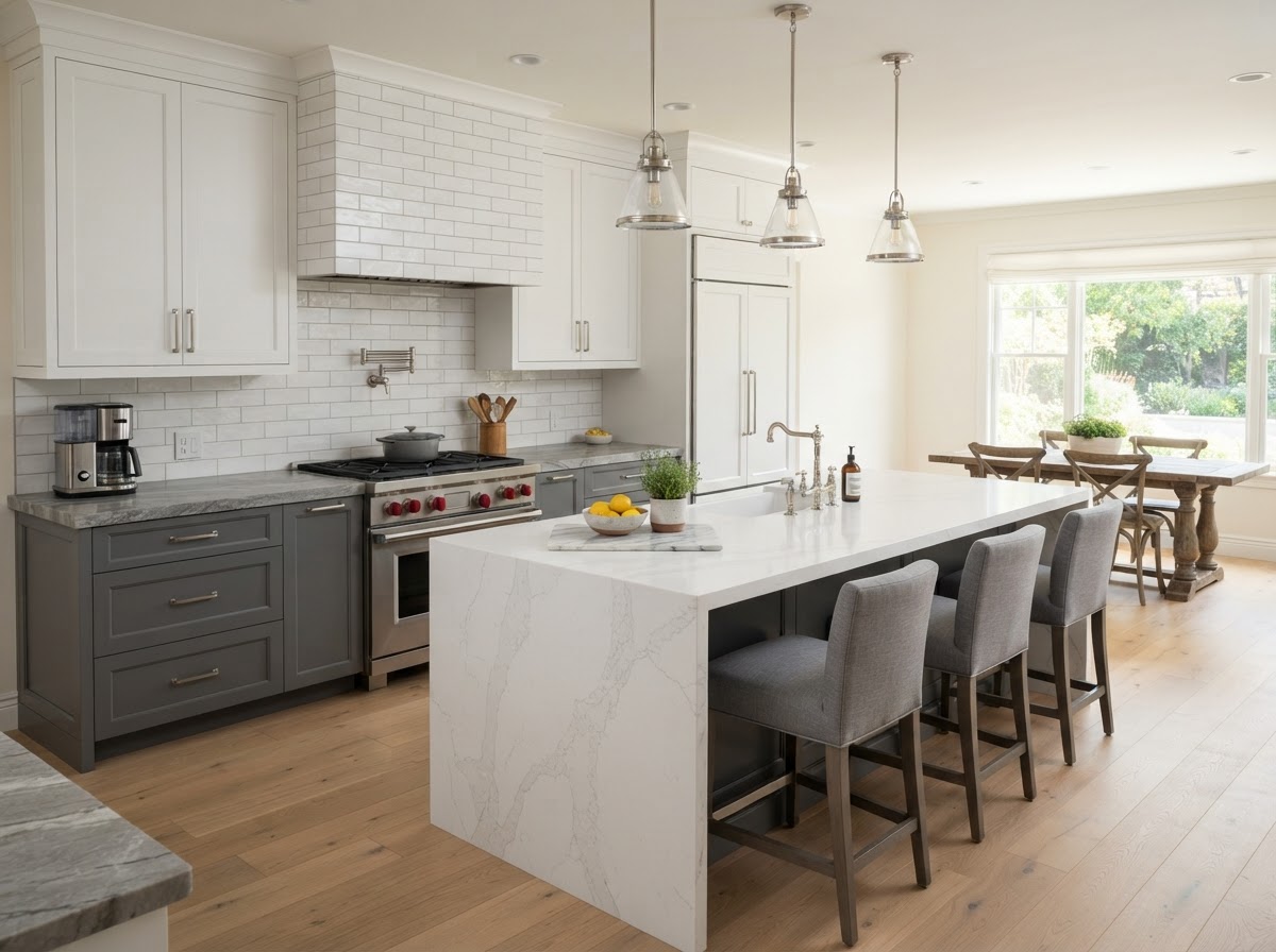 dark granite perimeter counters with light island