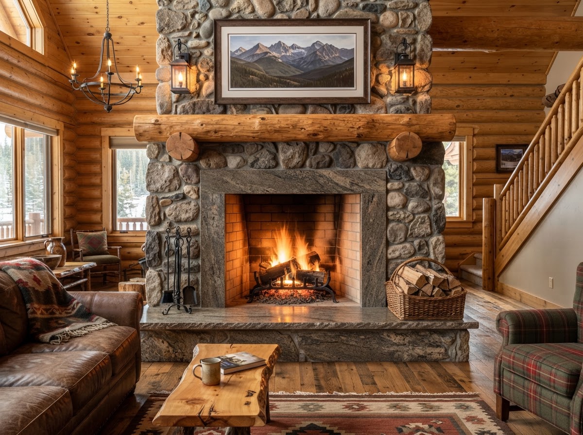 granite fireplace surround with stone mantel