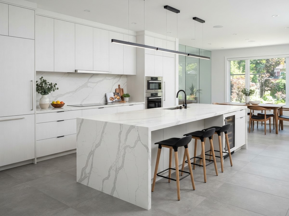 Large stone kitchen island with book-matched veining