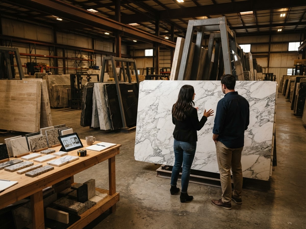 consultation at the showroom with stone slabs behind