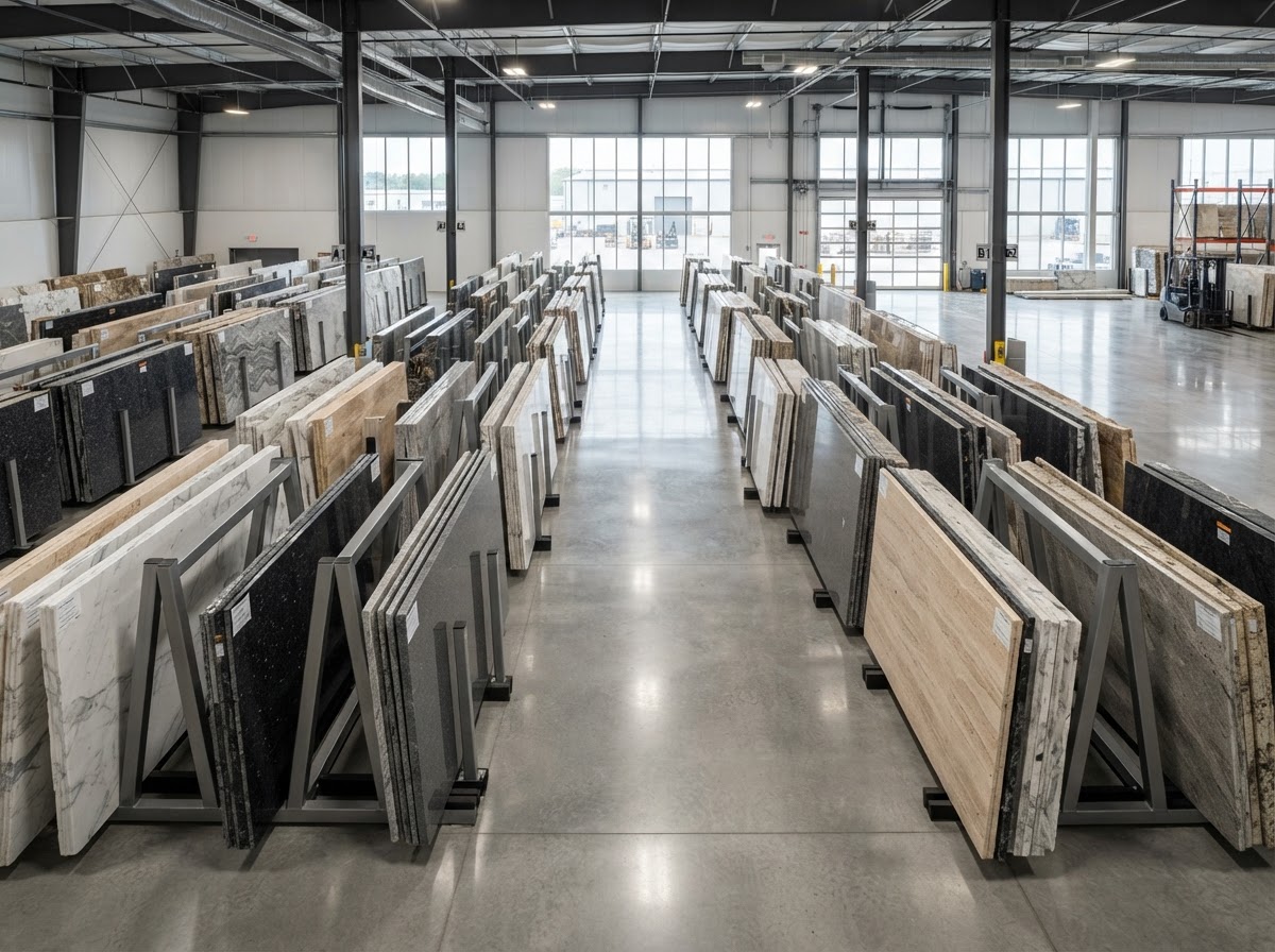 customer selecting a granite slab in the warehouse