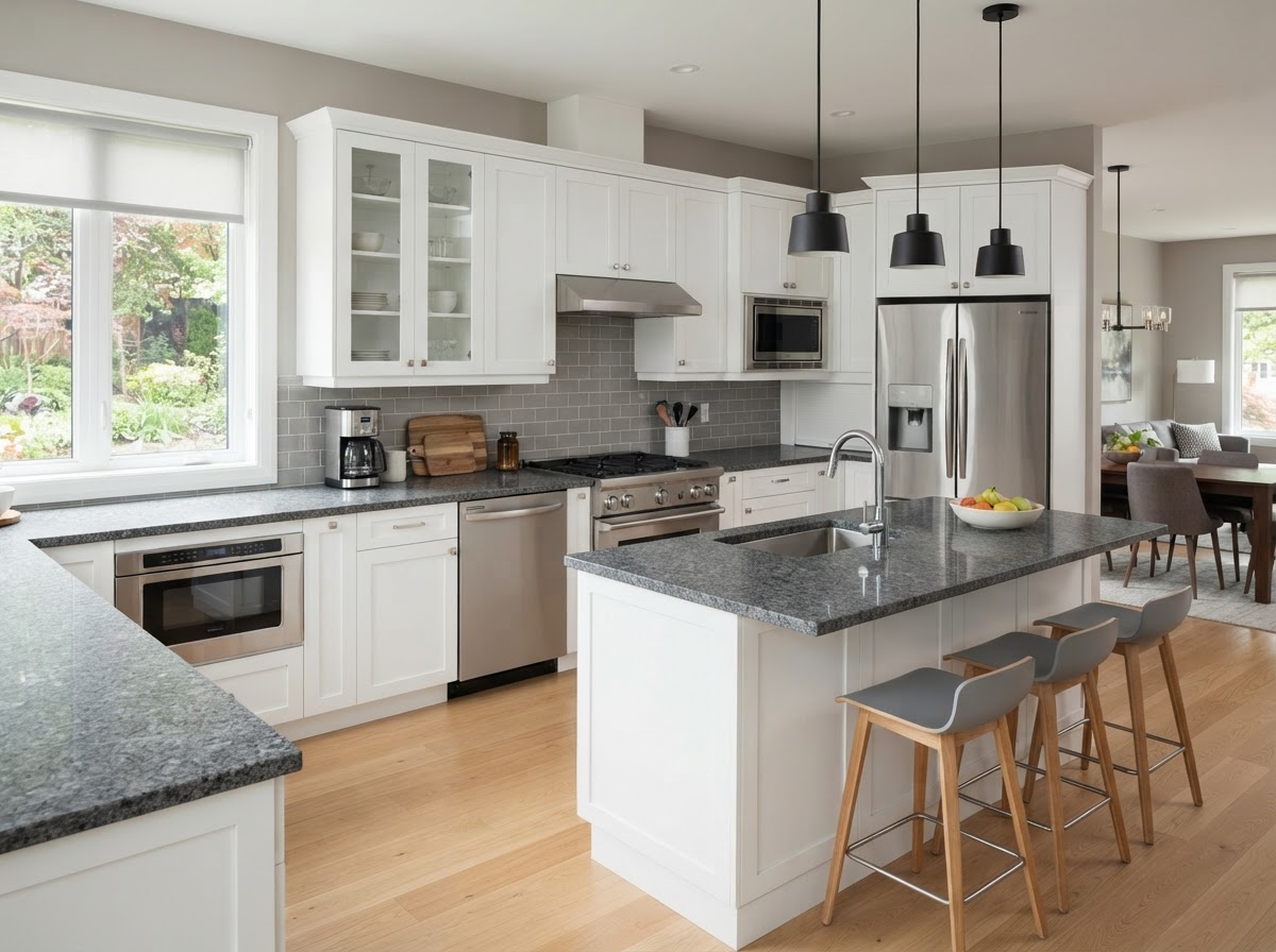 Kitchen with Steel Grey Granite Kitchen