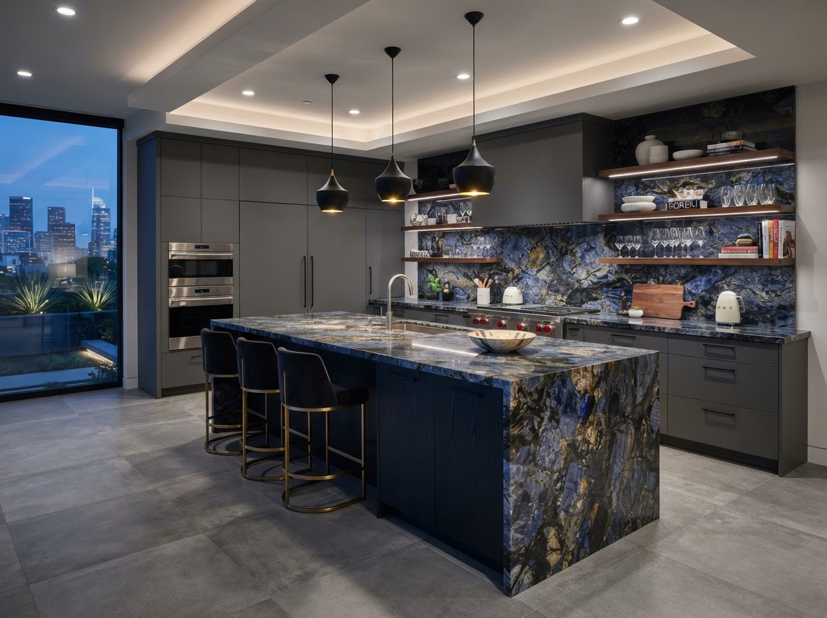Kitchen with Volga Blue Granite Kitchen