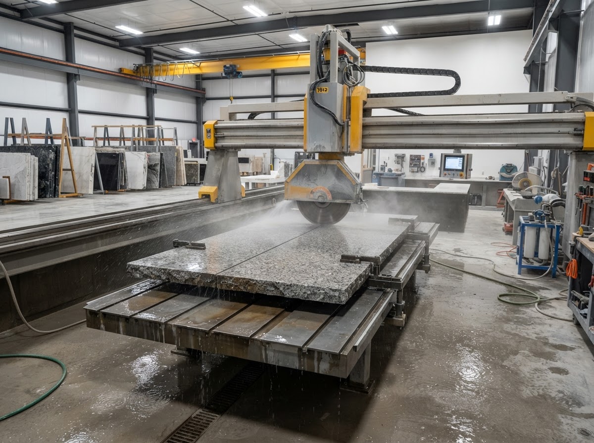 fabrication shop CNC cutting a stone slab