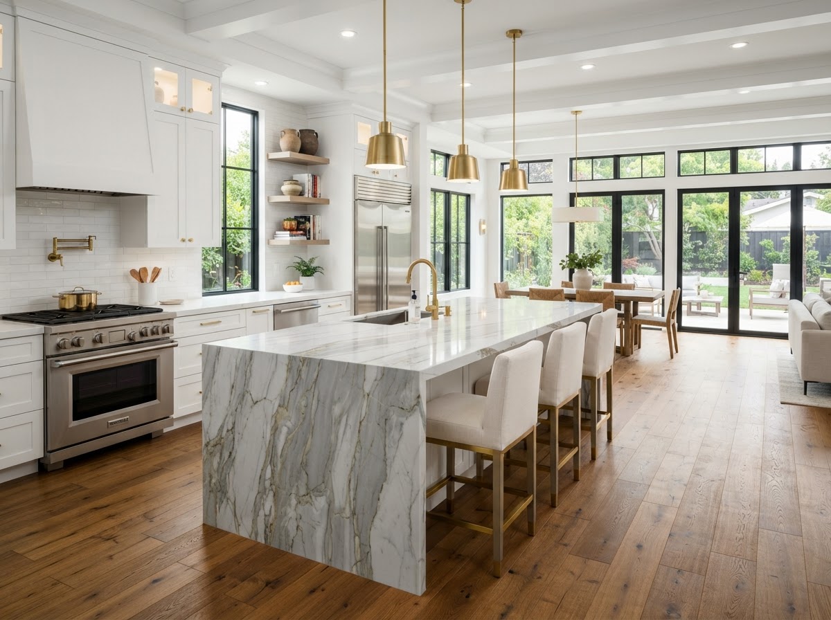 quartzite kitchen with waterfall island