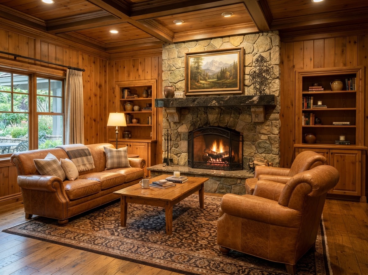 stone fireplace surround matching kitchen