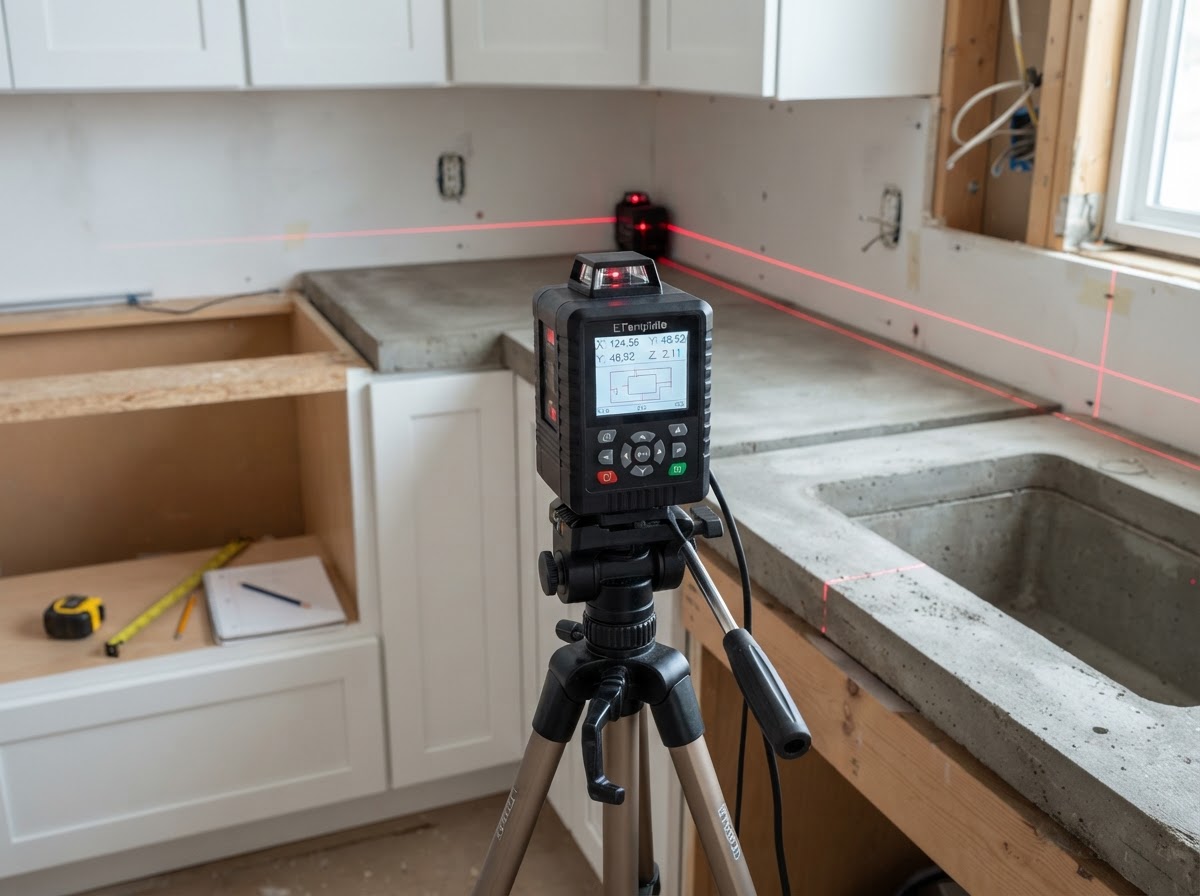 templater measuring kitchen cabinets with digital tool