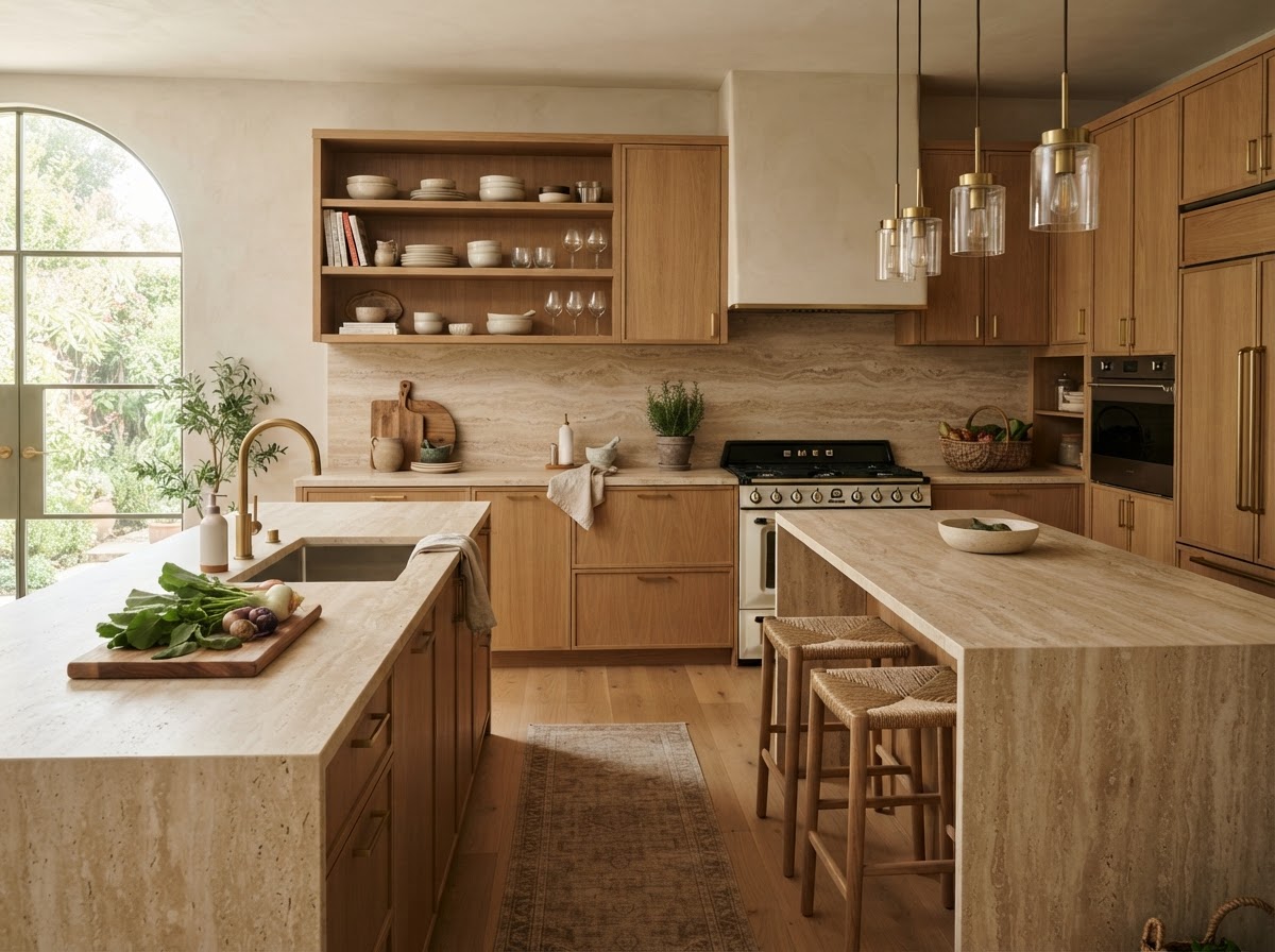 Kitchen with Travertine-Look Porcelain Kitchen