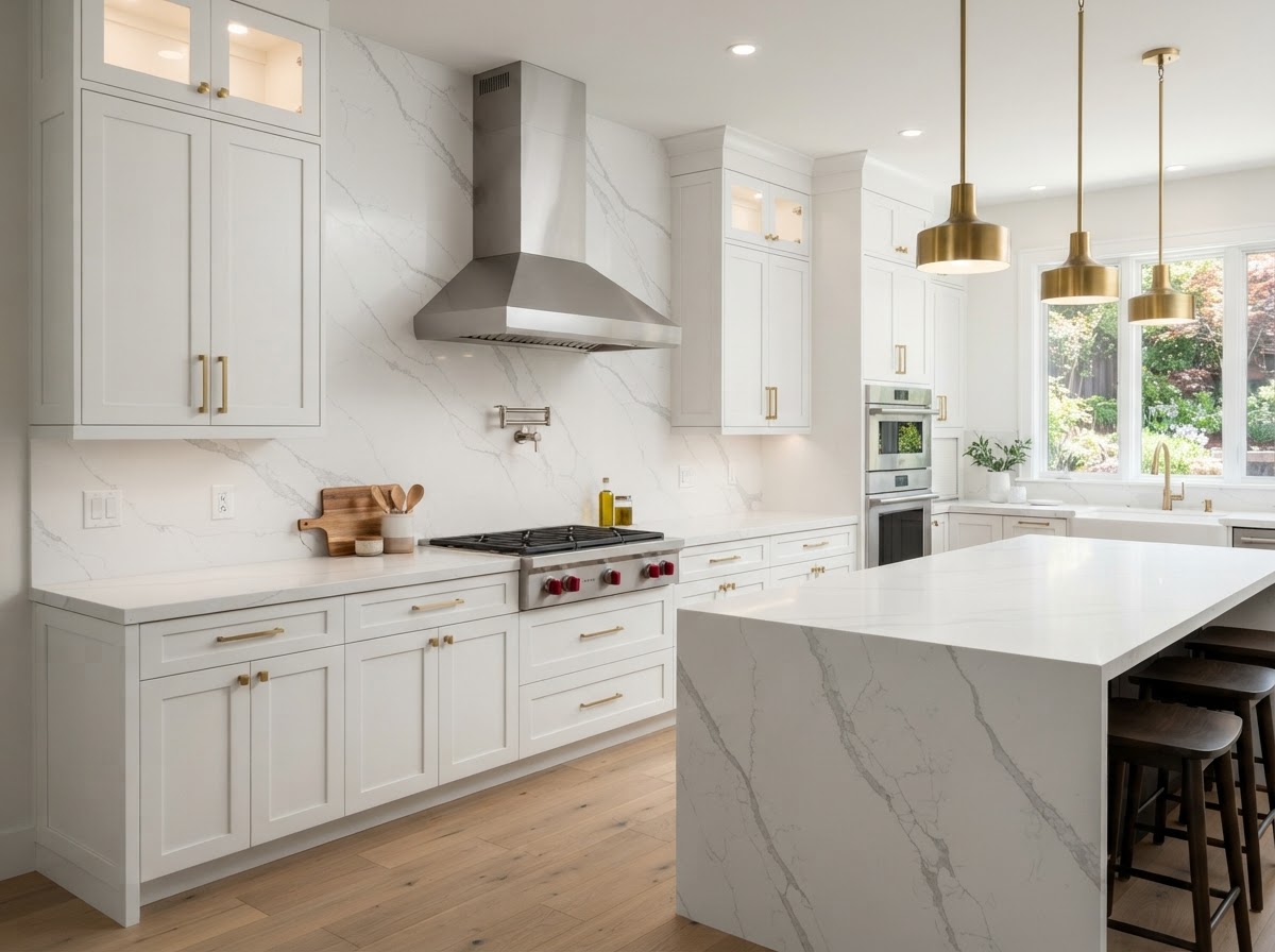 book-matched marble backsplash wall