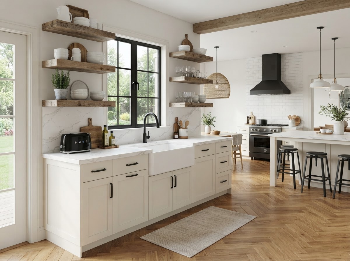 marble-look quartz L-shaped kitchen