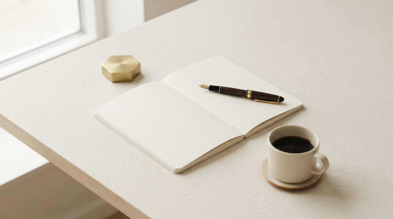 A clean desk with an open notebook and pen, ready to plan the next 14 days.