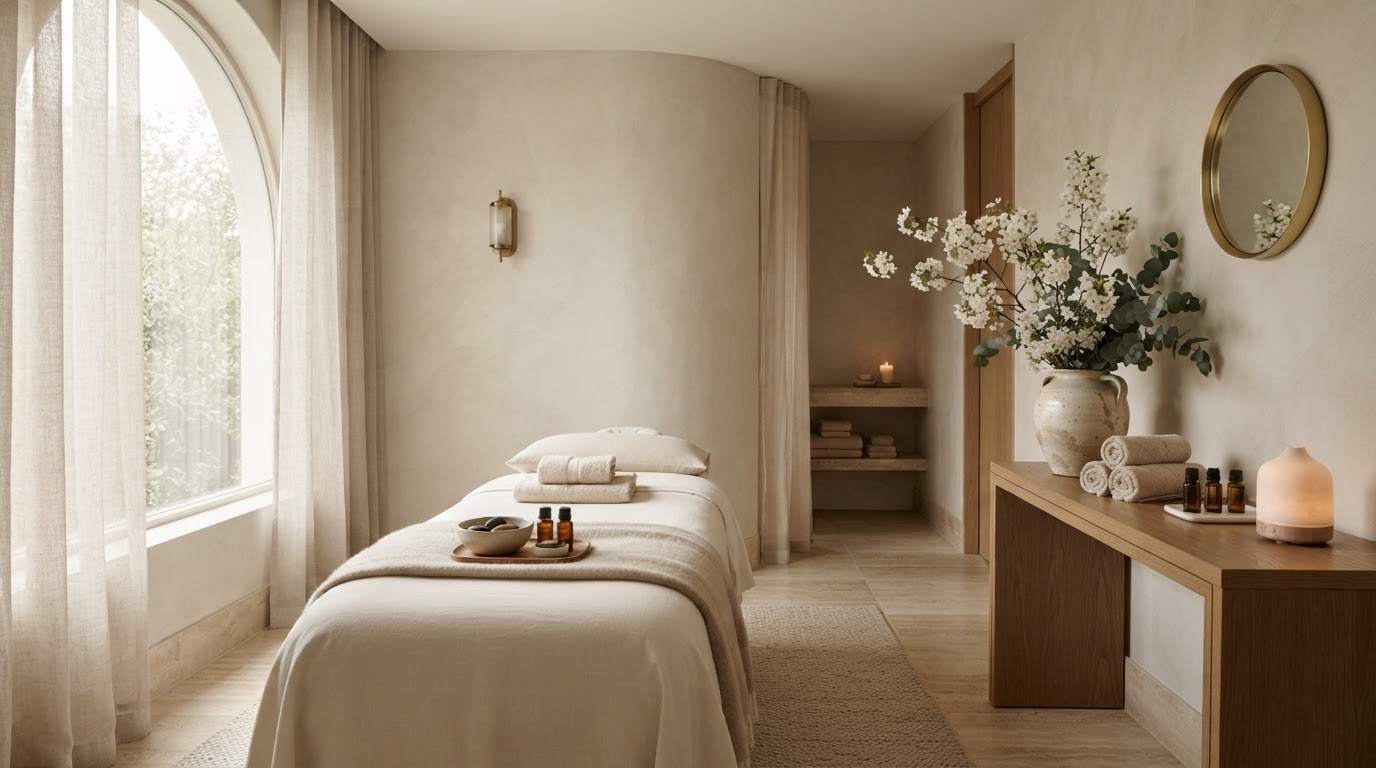 Serene beauty and wellness treatment room with soft natural light