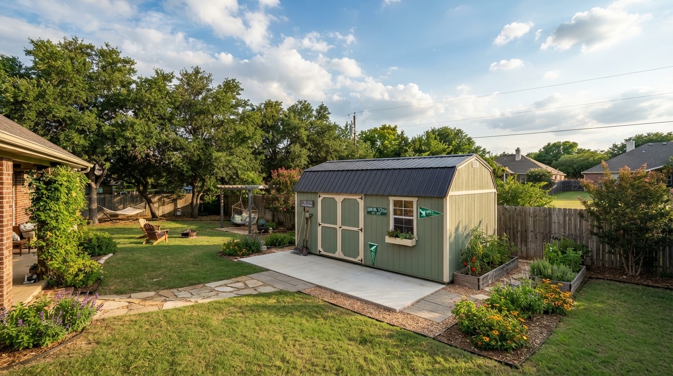 Spacious backyard storage shed on a concrete pad on a wide lot in Denton Texas with a relaxed college-town feel