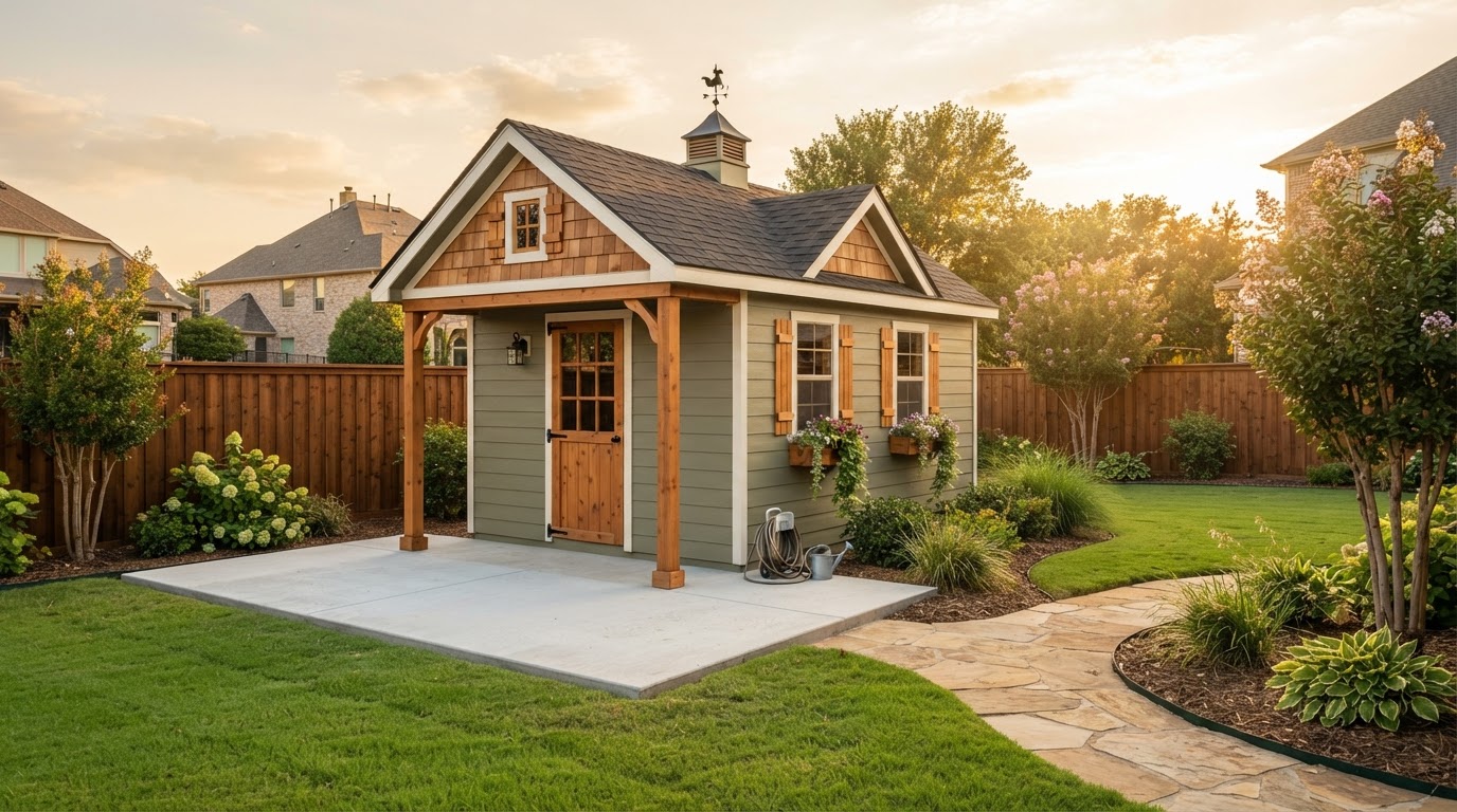 Custom turnkey storage shed built on a concrete pad in a Dallas–Fort Worth backyard