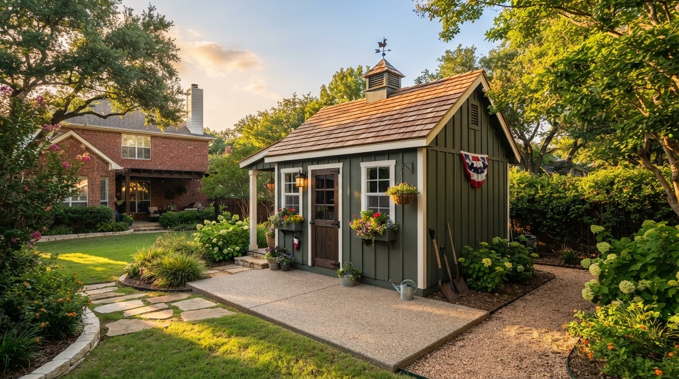 Custom backyard storage shed on a concrete pad in a North Dallas residential yard with mature trees and a brick home