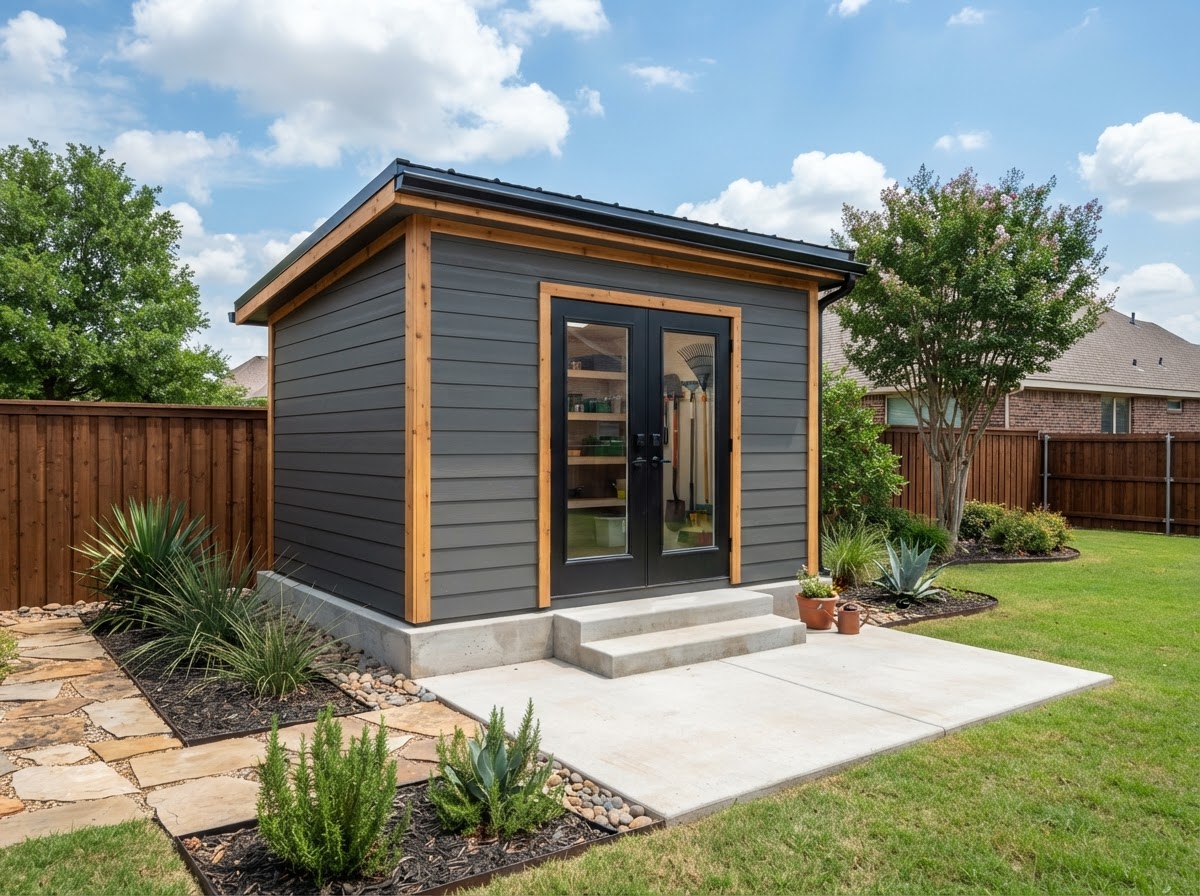 Completed modern backyard storage shed with double doors on a concrete slab in a DFW suburb