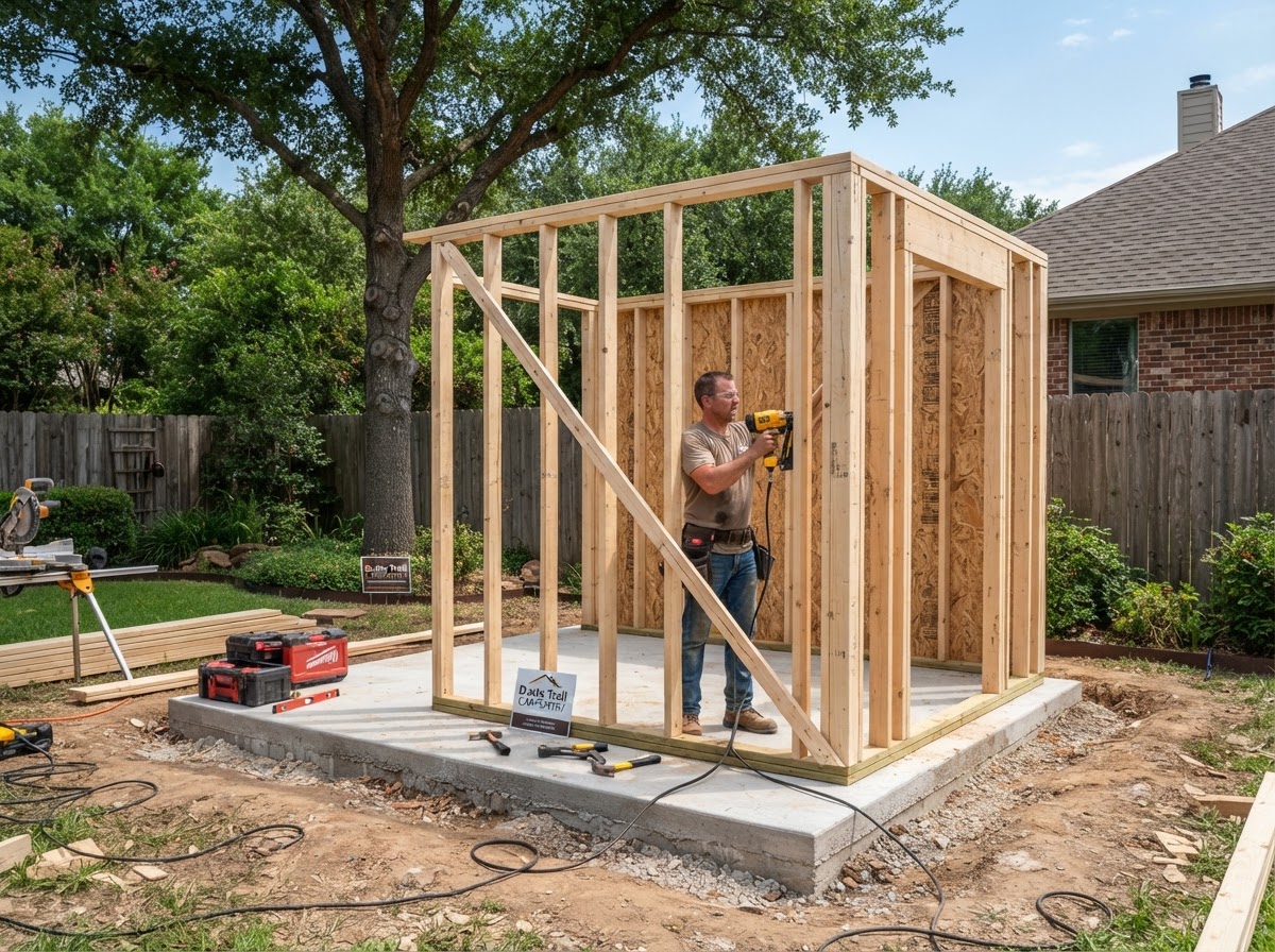 Gringo's Construction crew framing a custom shed on a freshly poured concrete foundation in North Texas