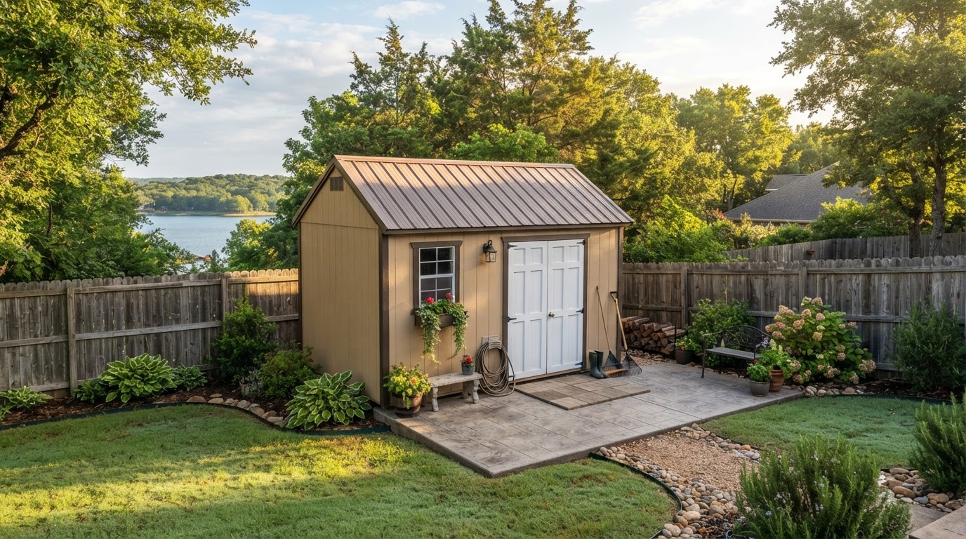 Tidy backyard storage shed on a concrete pad near Lake Grapevine Texas with trees and a suburban fence