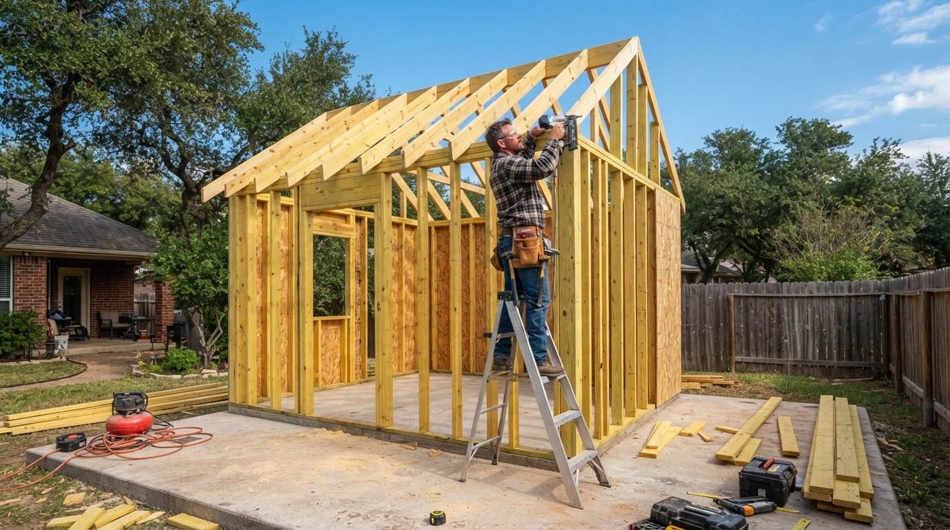 Custom shed being framed and fabricated on-site with wooden wall studs and rafters on a concrete pad in a Texas backyard