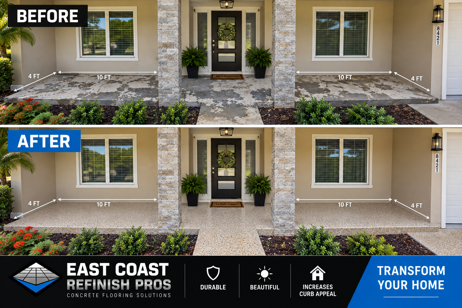 East Coast Refinish Pros Before and After Concrete Flooring Transformation