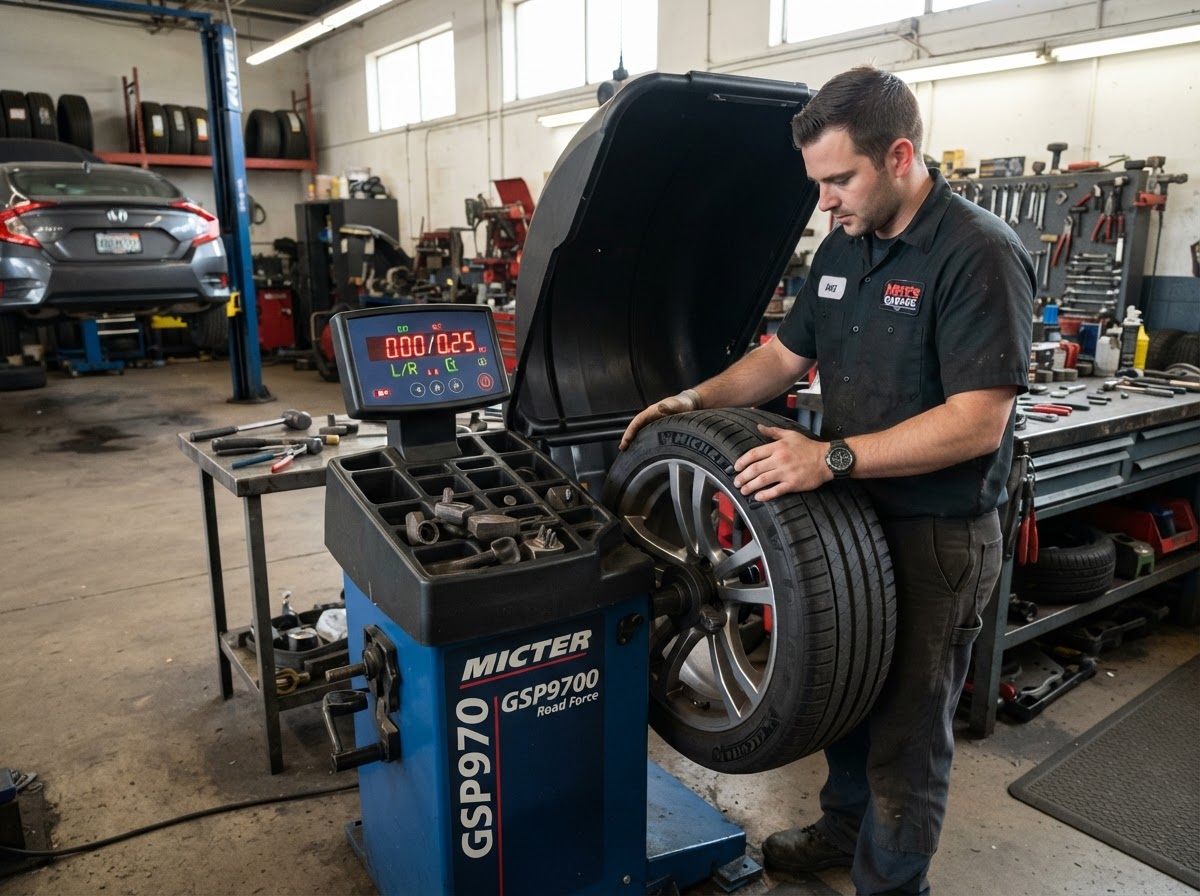 Mechanic mounting and balancing a tire at Cal's Auto Repair