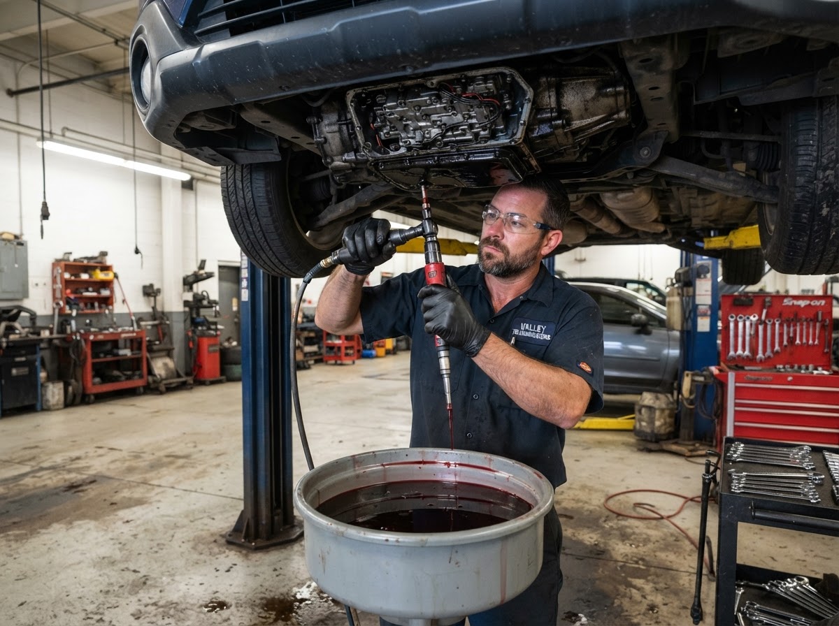 Mechanic servicing a transmission at Cal's Auto Repair