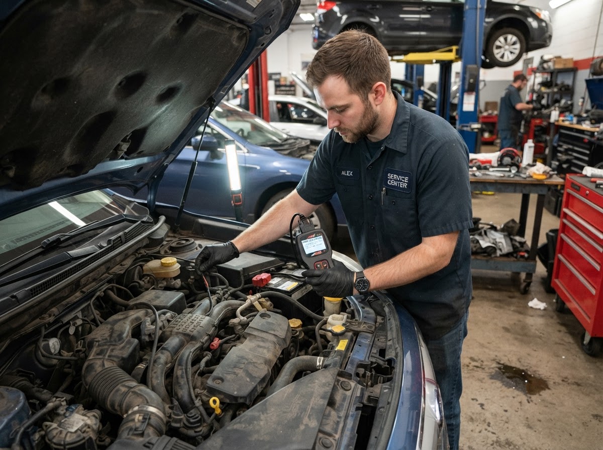 Mechanic running OBD2 diagnostics at Cal's Auto Repair