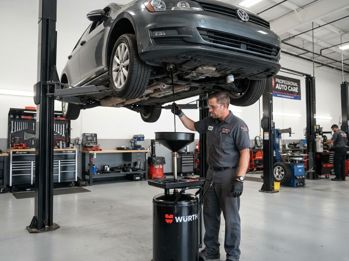 Mechanic draining engine oil at Cal's Auto Repair