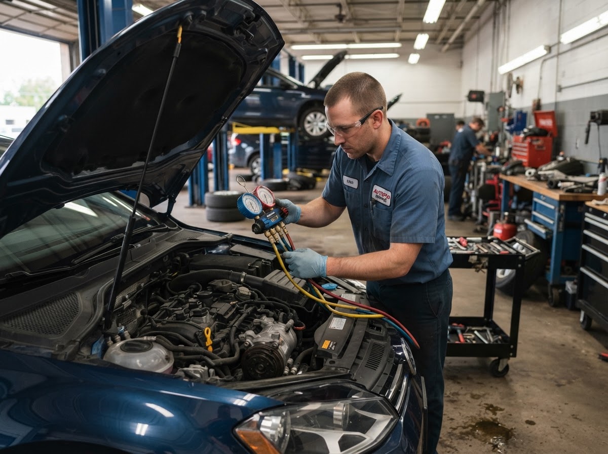 Technician servicing car air conditioning at Cal's Auto Repair
