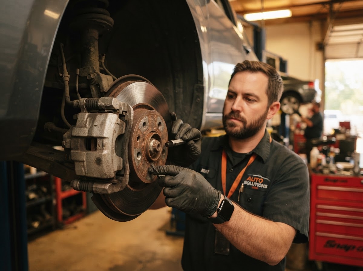 Mechanic inspecting brake pads and rotors at Cal's Auto Repair