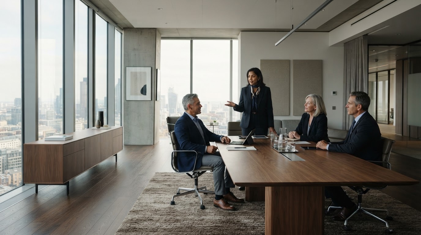 Established tech executives building executive confidence and authority in a modern minimalist office, including an Indian woman executive