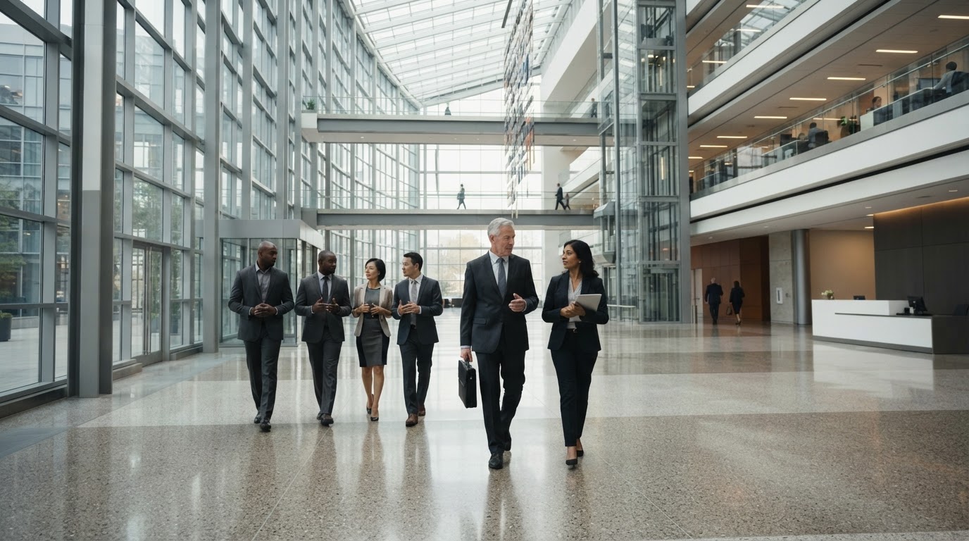 Group of senior executives moving forward with decisive executive action and leadership performance, including an older white male and a South Asian woman