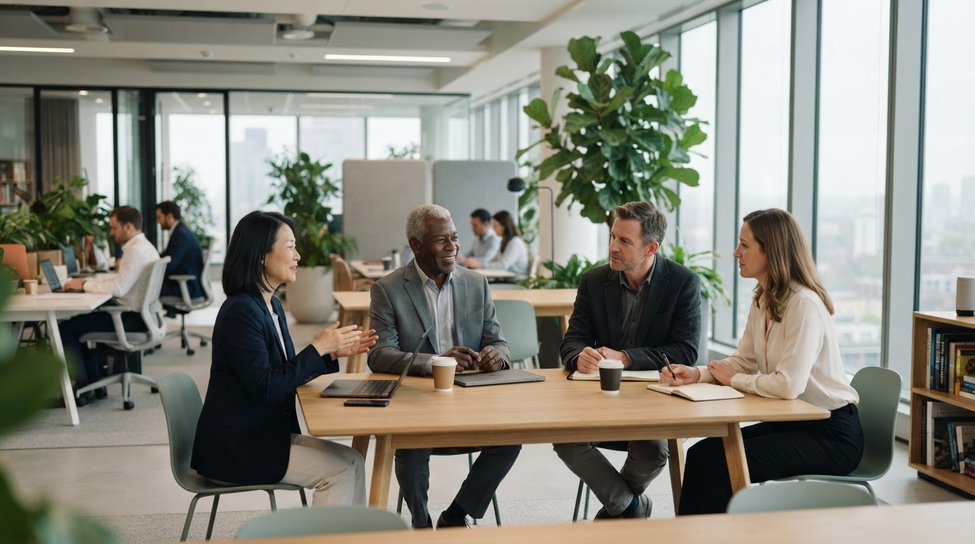 Four mature executives experiencing executive clarity and behavior change through calm collaboration in a bright open workspace