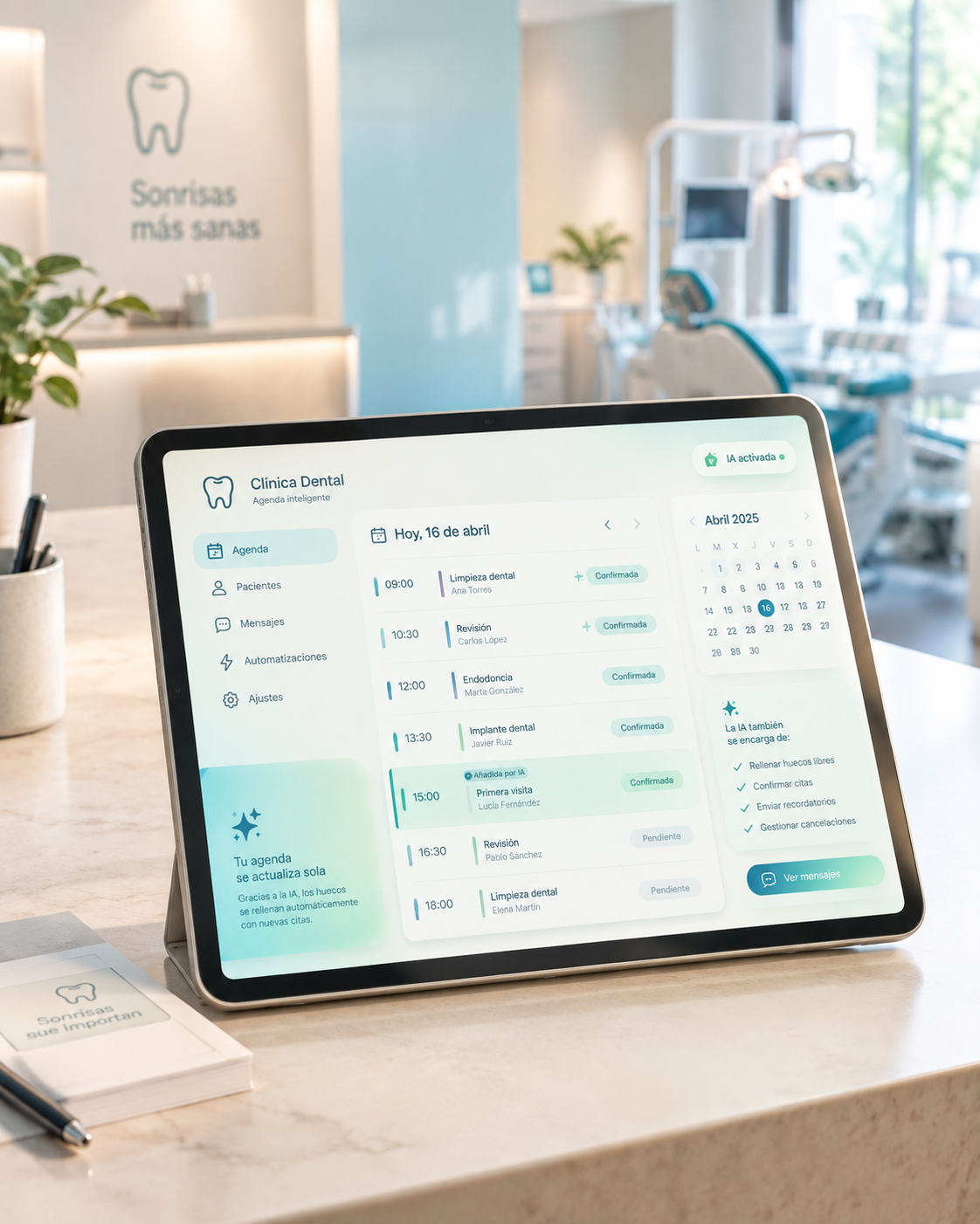 Tablet en clínica dental mostrando agenda automatizada con inteligencia artificial