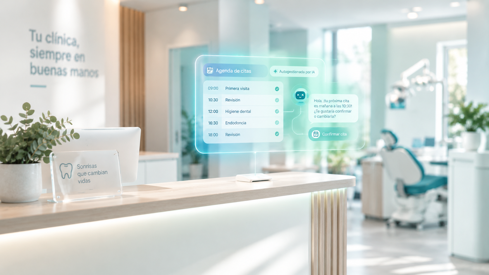 Recepción de clínica dental moderna con interfaz holográfica de IA gestionando agenda y citas