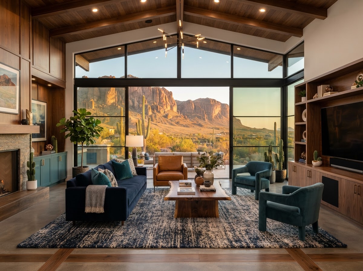 Modern luxury living room overlooking desert mountains