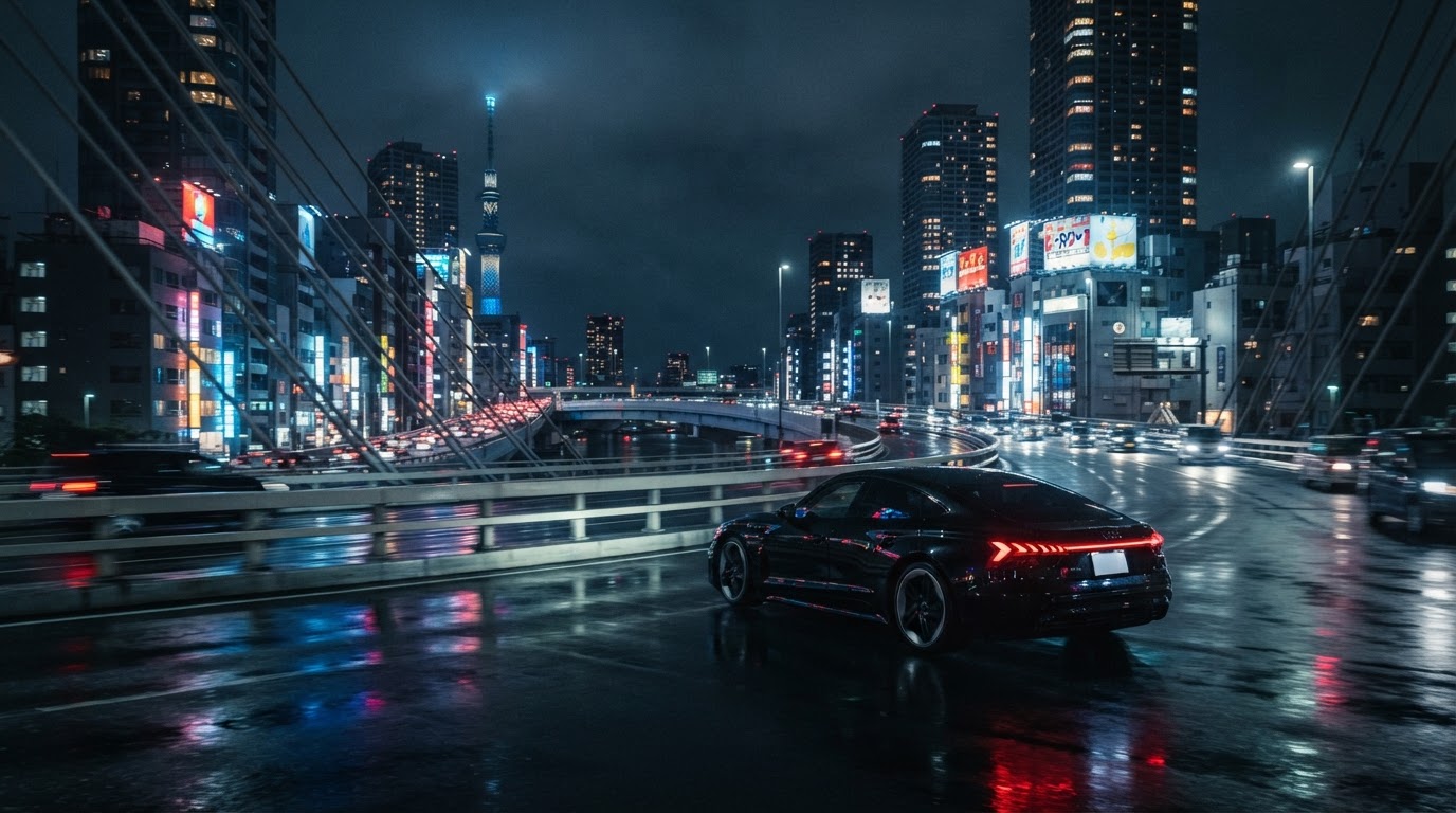 Premier Fleets vehicle driving through illuminated city skyline at night