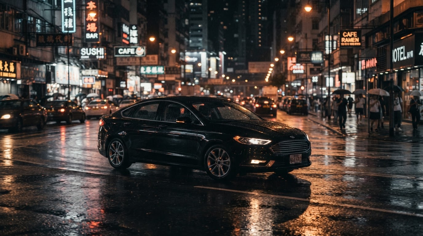 Premier Fleets Ford sedan driving through illuminated city street at night