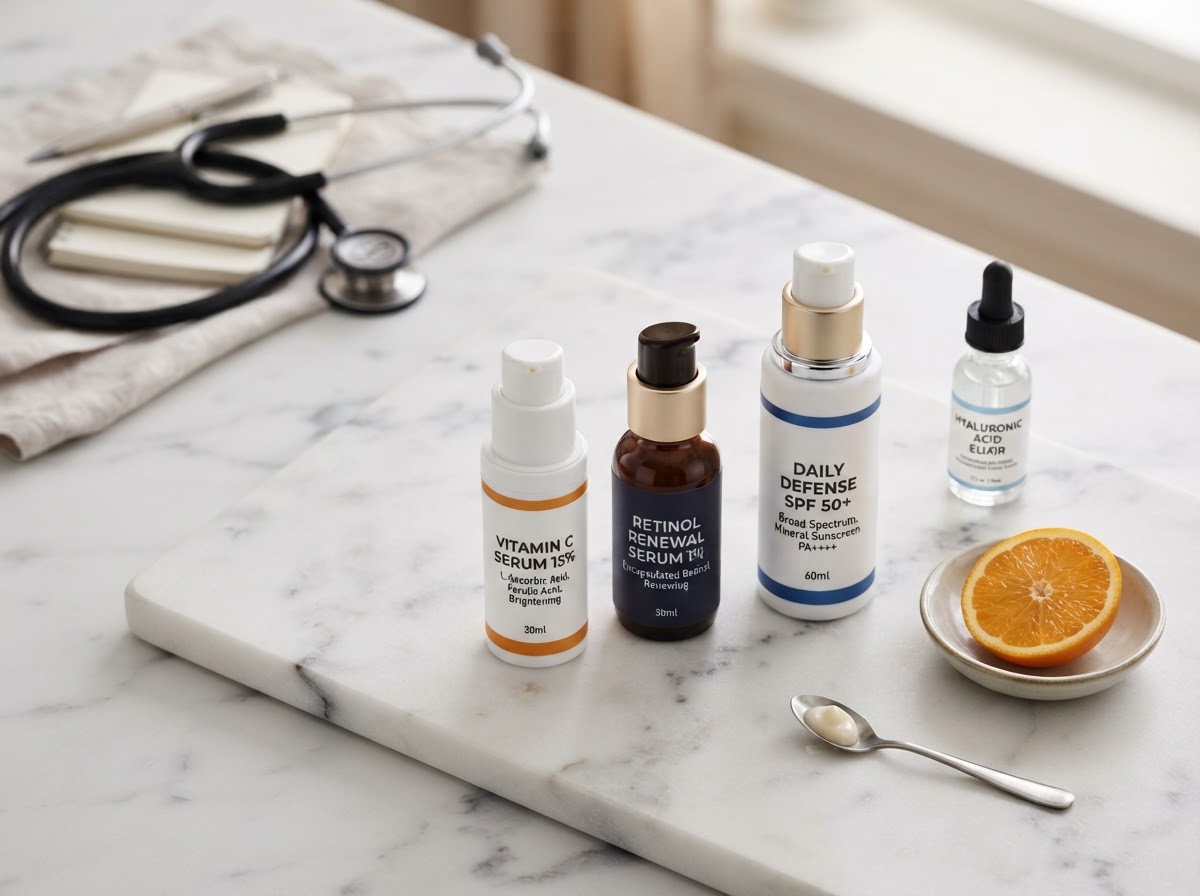 Clinical skincare products including retinol, vitamin C, and broad-spectrum sunscreen