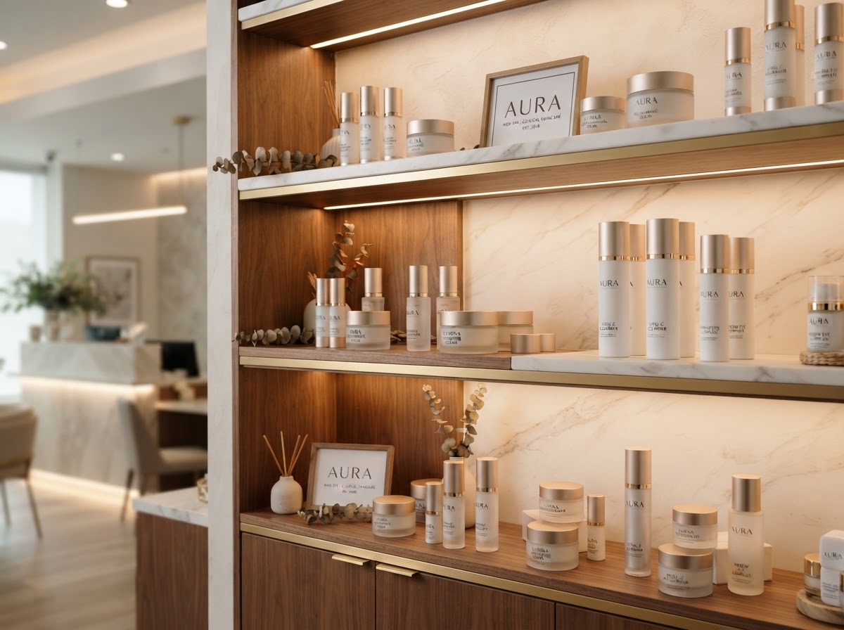 Luxury med spa retail display of private label skincare products