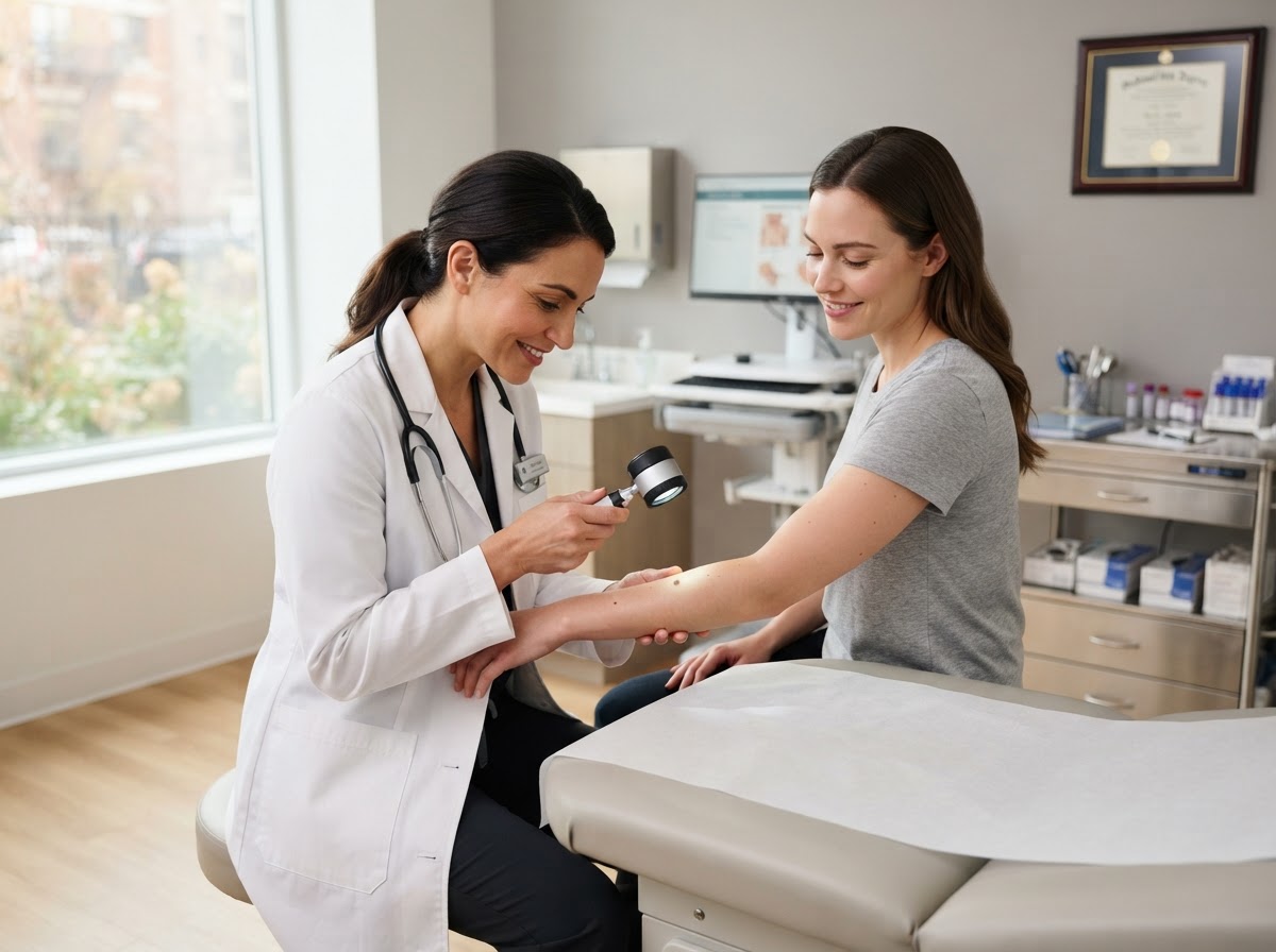 Dermatologist examining a patient's skin in a modern clinical room