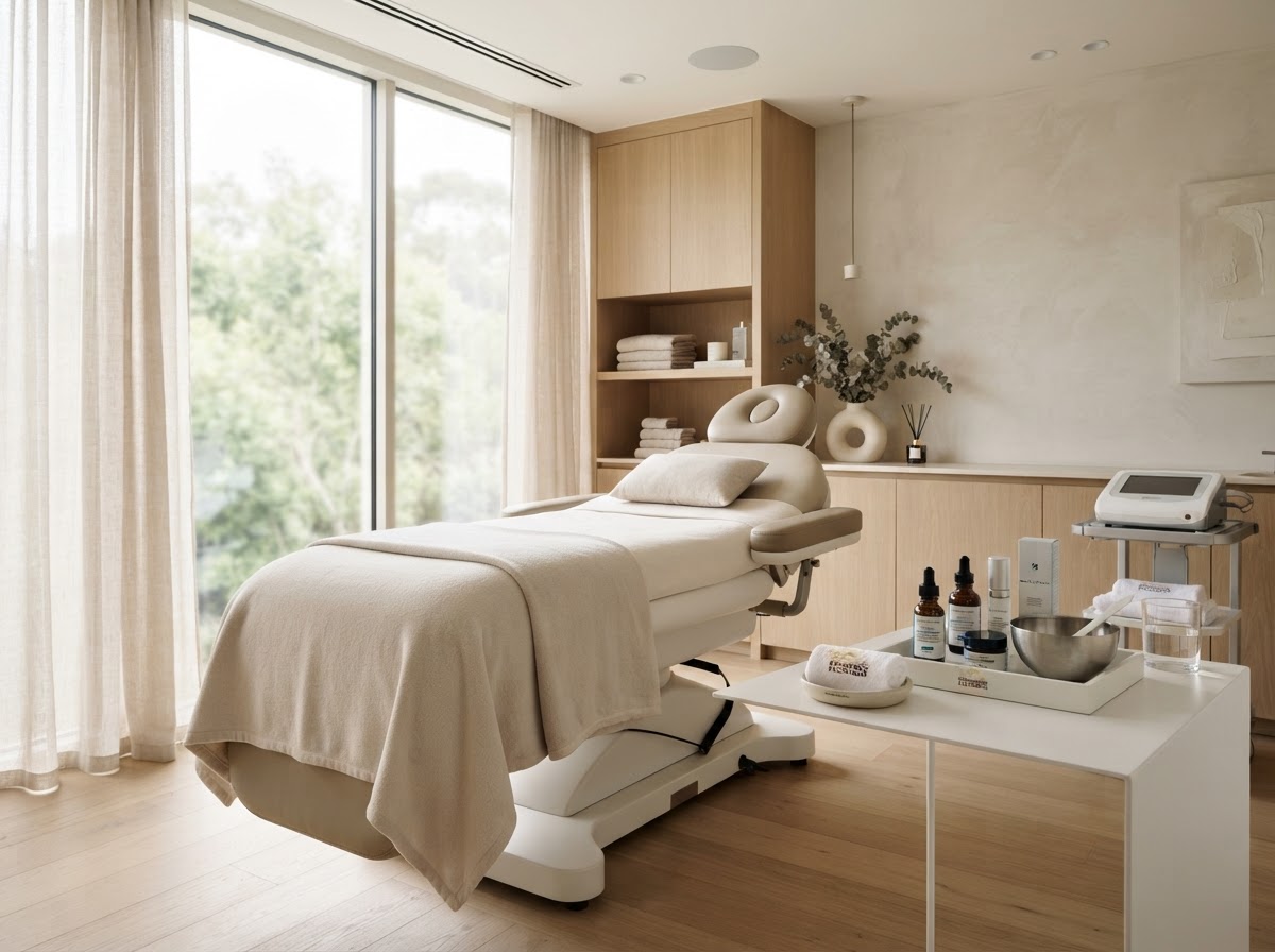 Serene high-end med spa treatment room with professional skincare products