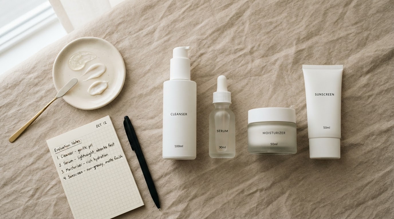 A curated private label skincare starter collection of cleanser, serum, moisturizer, and sunscreen samples arranged on a clean surface for evaluation