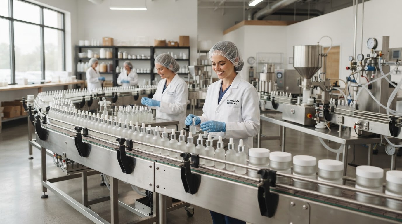 Private label skincare manufacturing facility with rows of elegant unbranded serum bottles and cream jars on a clean production line
