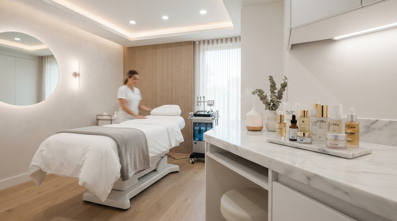 Aesthetic practice retail skincare display and consultation room