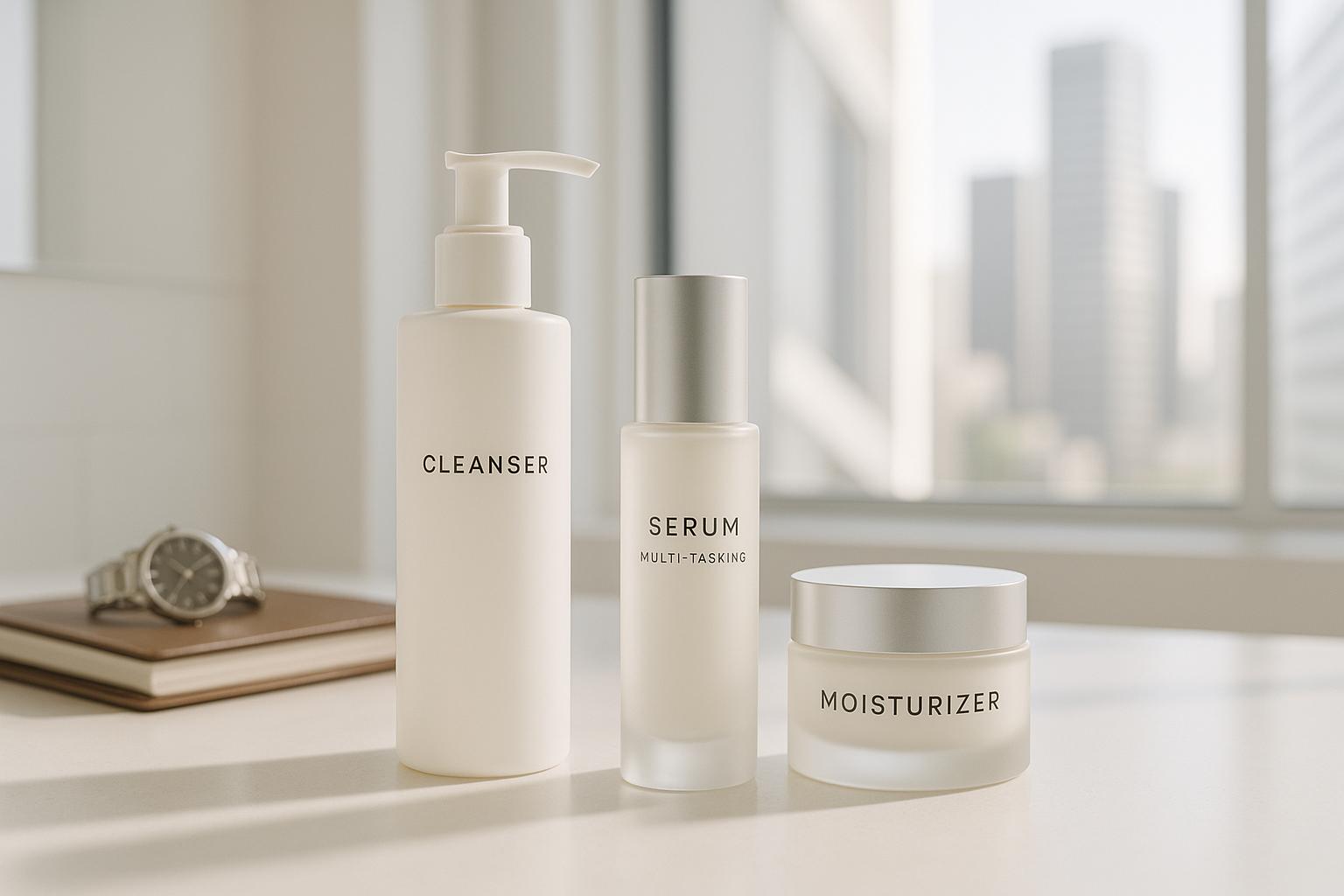 Your first three private label skincare products — cleanser, targeted treatment serum, and daily moisturizer with custom minimalist branding