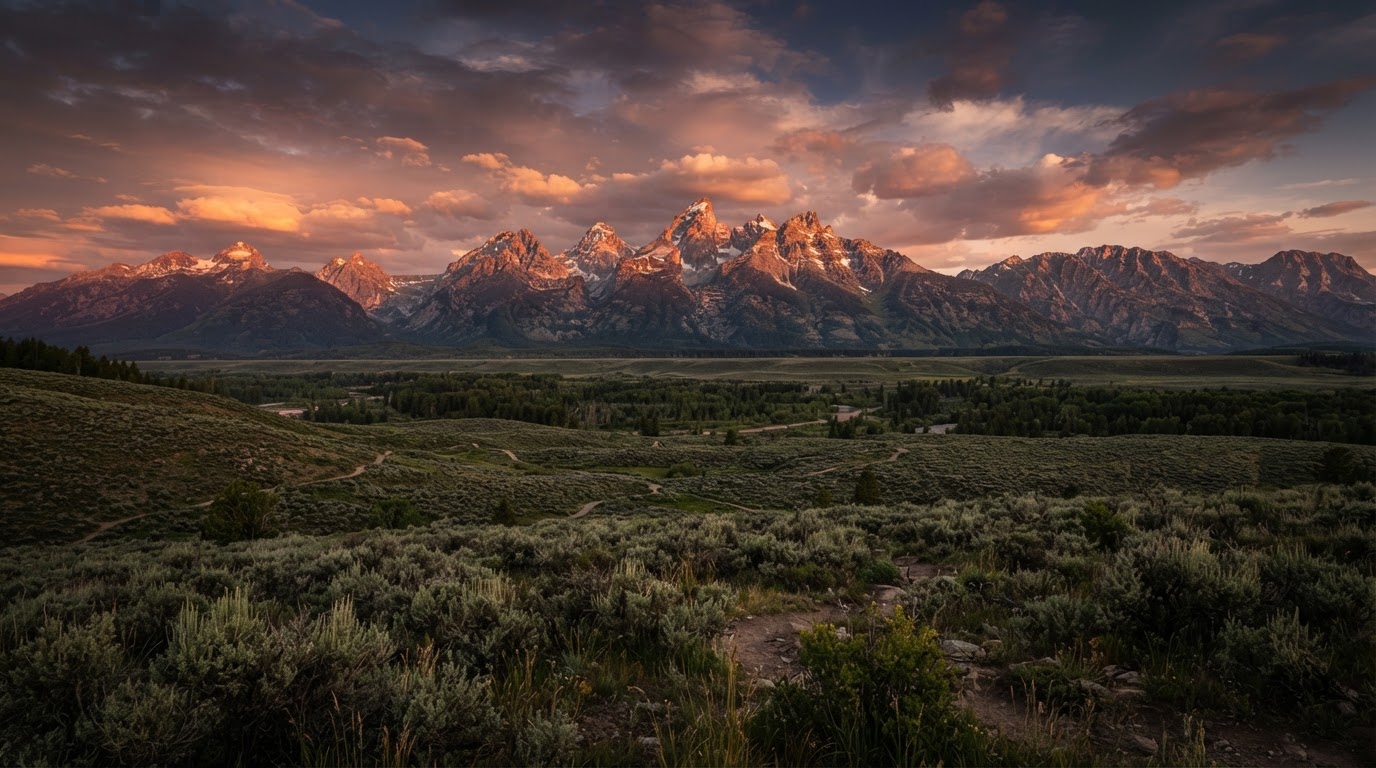 Teton mountain range near Jackson Hole, Wyoming at dusk